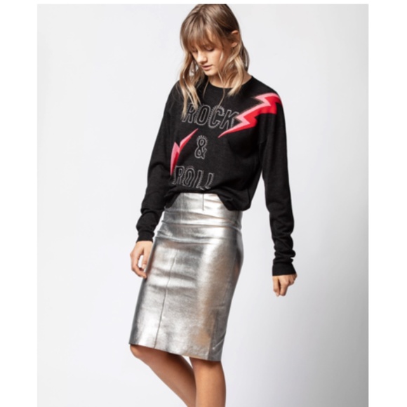 NEW ZADIG & VOLTAIRE DELUXE WOMENS 100% LAMB LEATHER JADEN SILVER PENCIL SKIRT - Picture 1 of 7